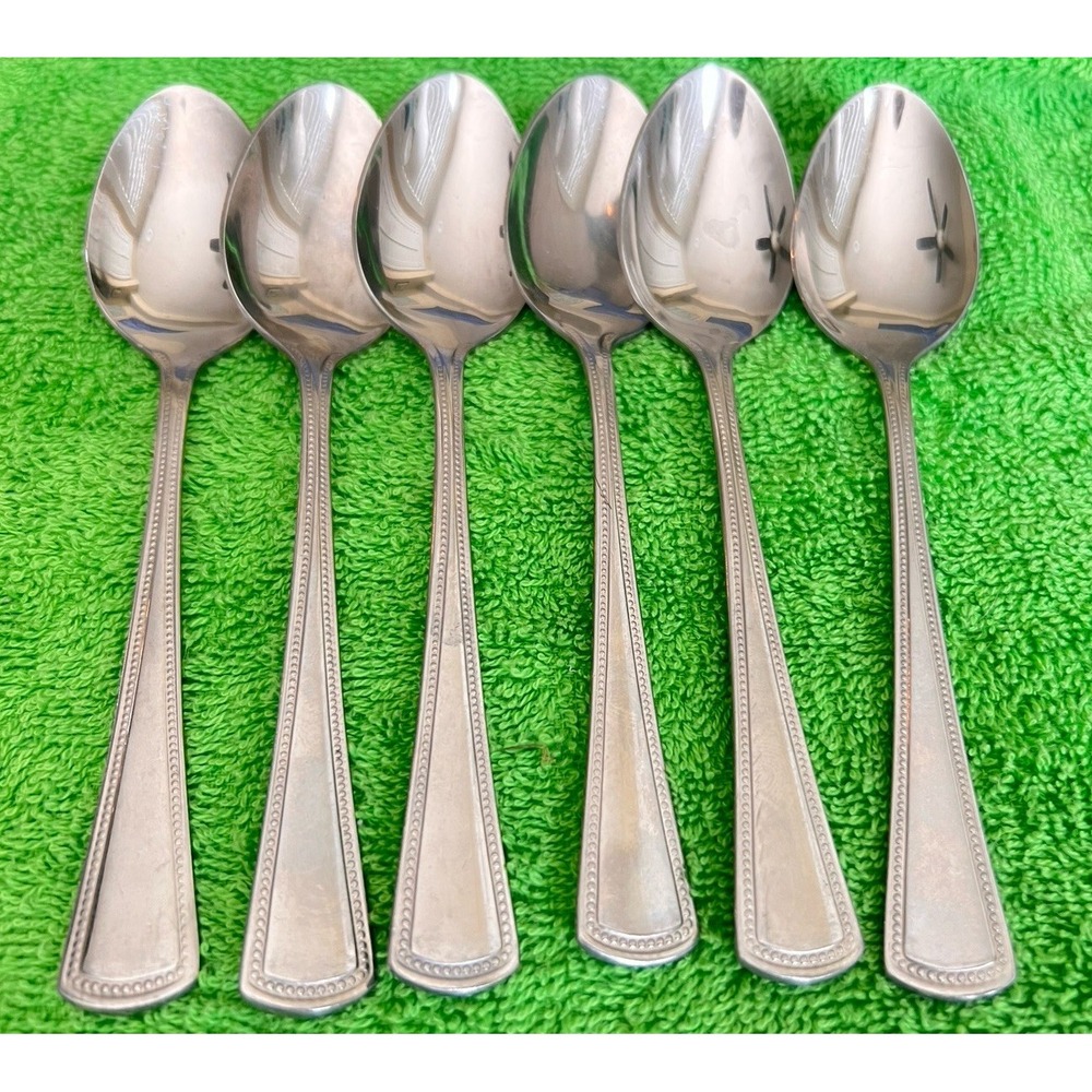 Crest Ware Stainless Teaspoons‎ Beaded Edge Glossy 6" Lot Of Six